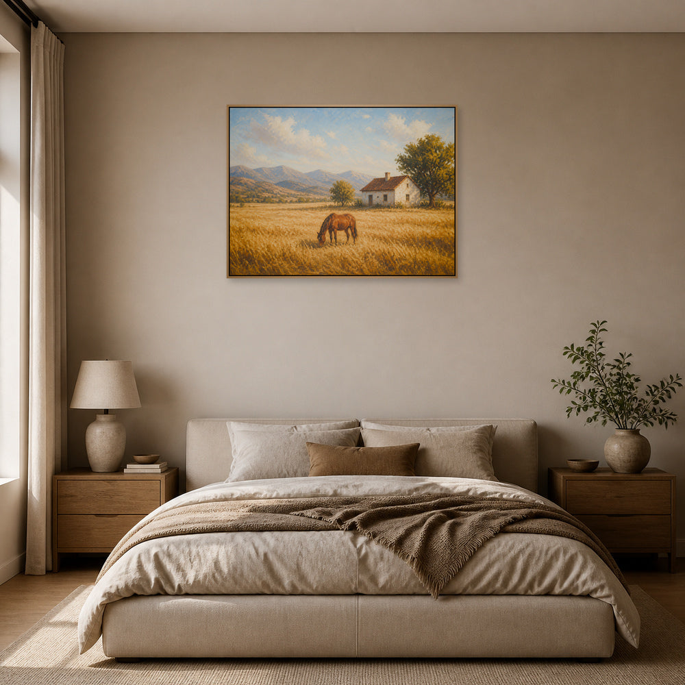 Golden Field Horse and Farmhouse Floating Frame Wall Art - 04_warm_oak_wall_scene