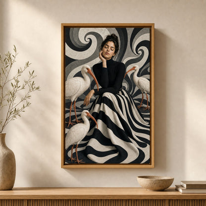 Woman Black White Stripes White Birds Wall Art floating frame wall art - 04