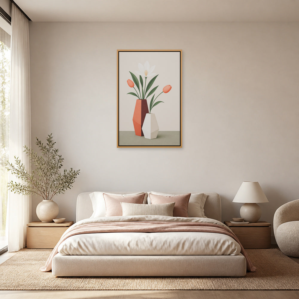 Geometric Vases Floral Arrangement Floating Frame Wall Art - 04_warm_oak_wall_scene