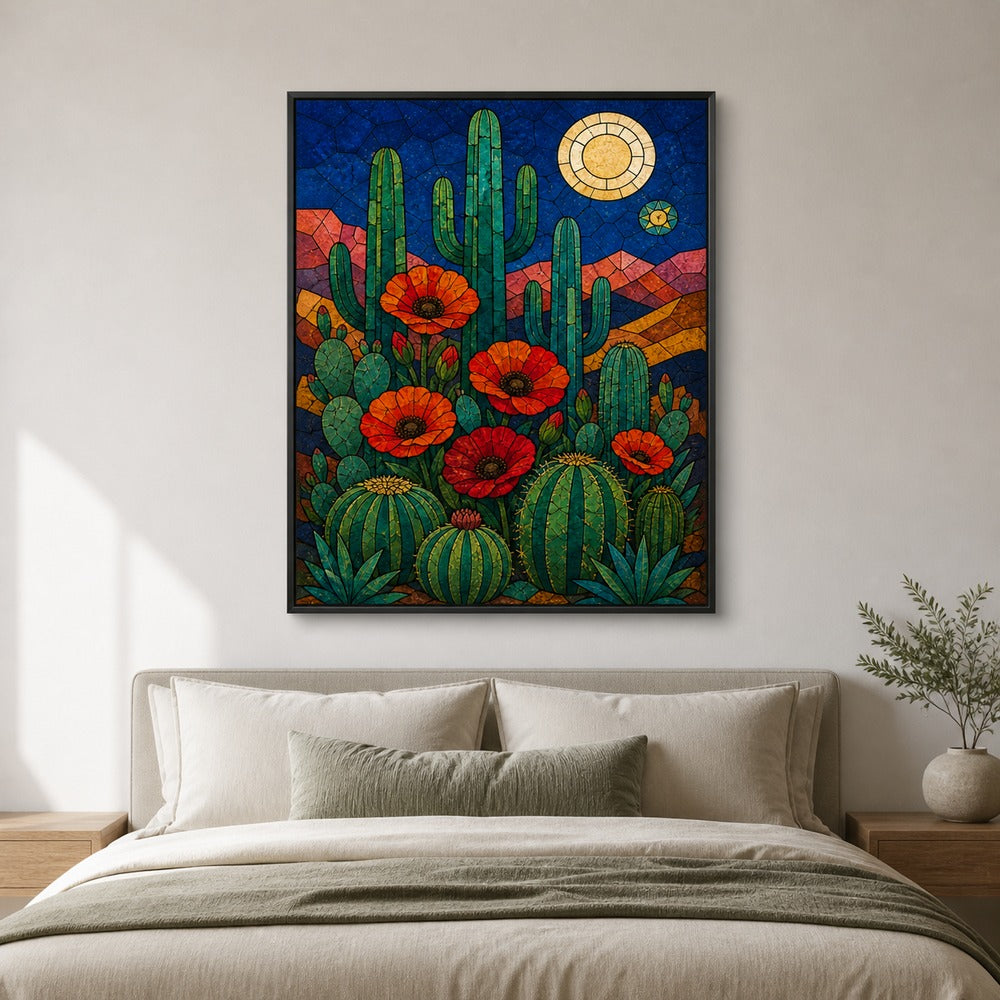 Stained Glass Desert Cactus and Poppy Wall Art | Black Frame bedroom wall scene