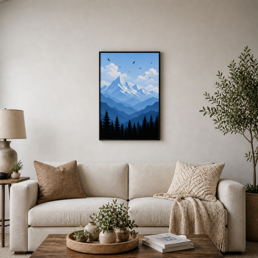 Blue Mountain Pine Forest Floating Frame Wall Art - Black Frame wall scene primary