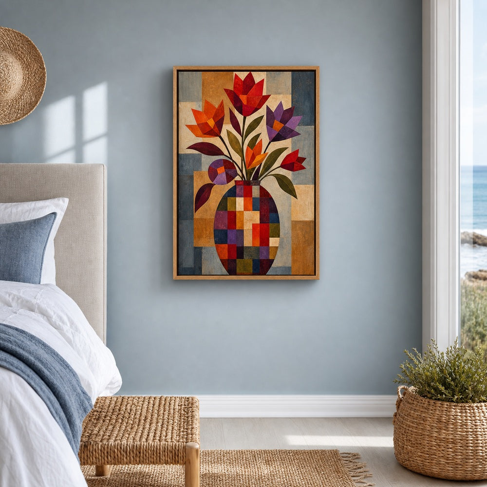 Geometric Mosaic Flower Vase Wall Art - 04_warm_oak_diverse_wall_scene