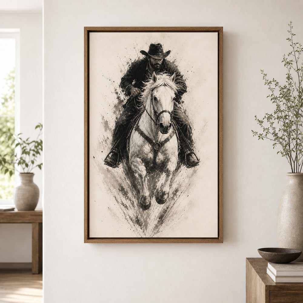 Minimal Black White Cowboy Horse Wall Art floating frame wall art - 04