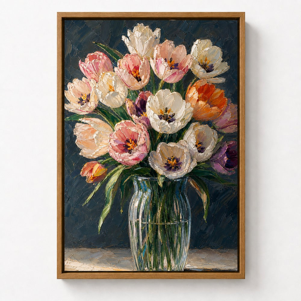 Pink and White Tulips in Glass Vase Floater Frame Canvas Wall Art — room scene in a brown floater frame