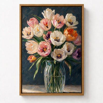 Pink and White Tulips in Glass Vase Floater Frame Canvas Wall Art — room scene in a brown floater frame
