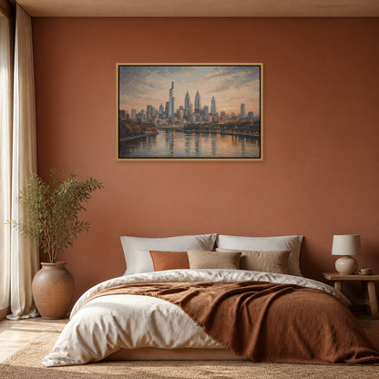 Philadelphia Sunset Skyline Floating Frame Wall Art - 04_warm_oak_wall_scene