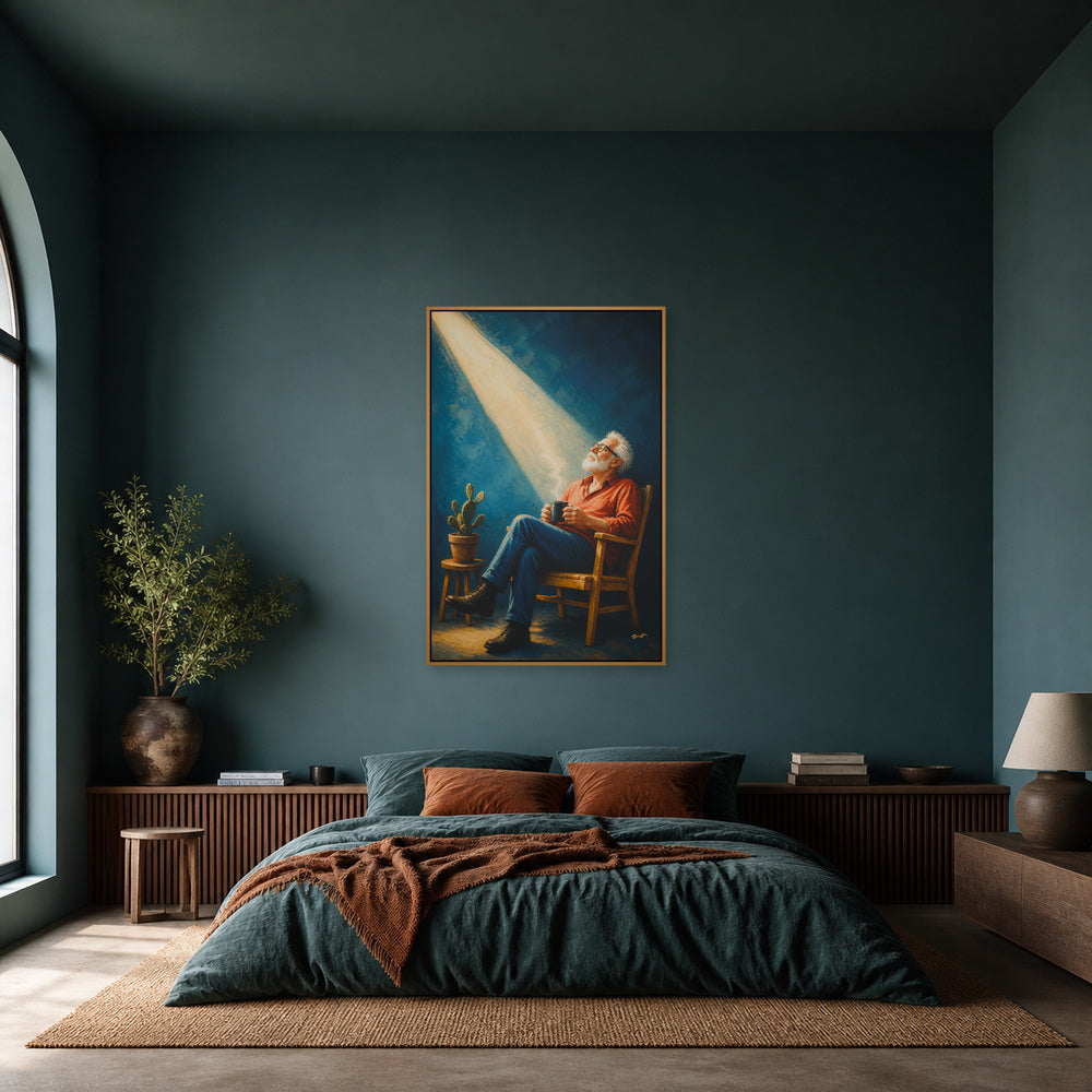 Elderly Man in a Beam of Light Floating Frame Wall Art - 04_warm_oak_wall_scene