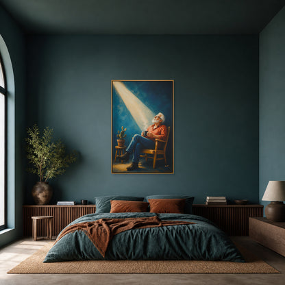 Elderly Man in a Beam of Light Floating Frame Wall Art - 04_warm_oak_wall_scene