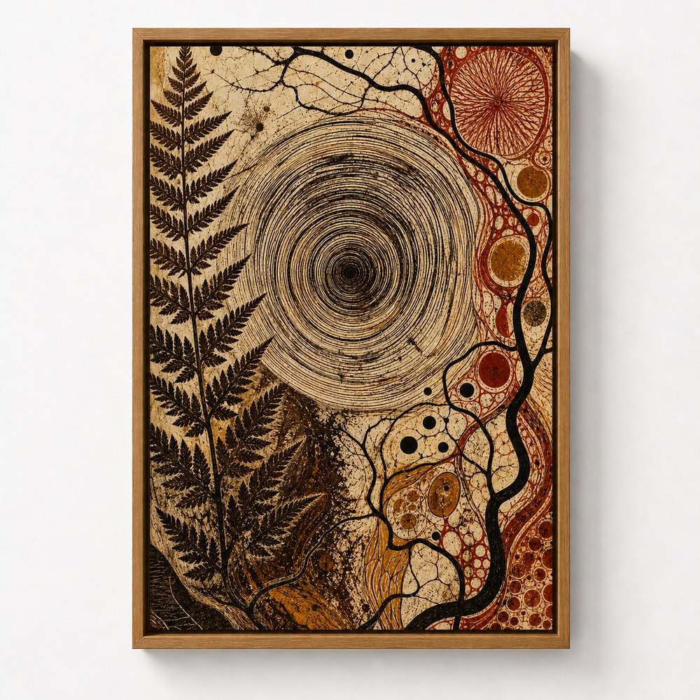 Organic Concentric Vortex Abstract Floater Frame Canvas Wall Art — room scene in a brown floater frame