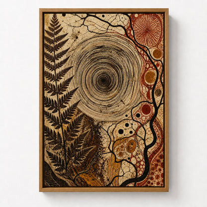 Organic Concentric Vortex Abstract Floater Frame Canvas Wall Art — room scene in a brown floater frame