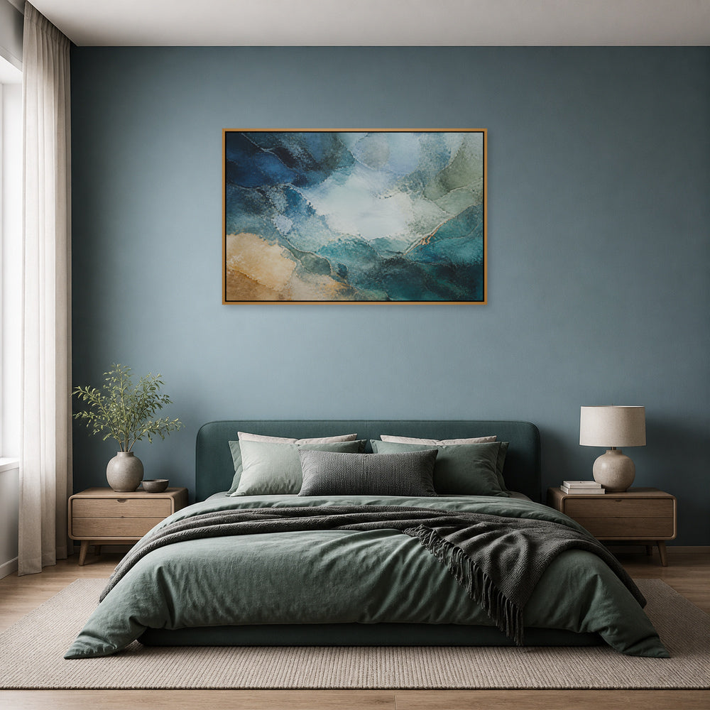 Blue Green Mineral Atmosphere Abstract Floating Frame Wall Art - 04_warm_oak_wall_scene