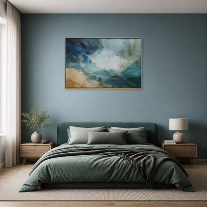 Blue Green Mineral Atmosphere Abstract Floating Frame Wall Art - 04_warm_oak_wall_scene