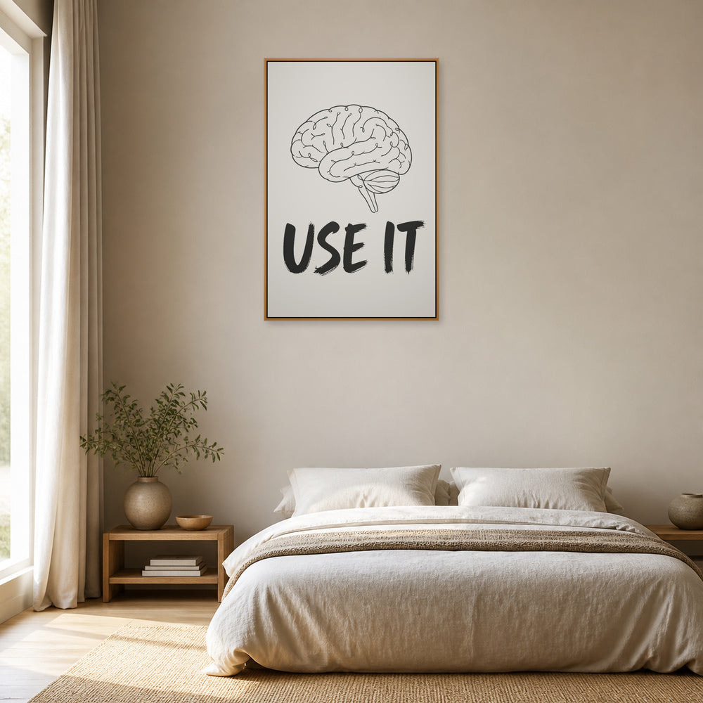 Use It Brain Line Art Floating Frame Wall Art - 04_warm_oak_wall_scene