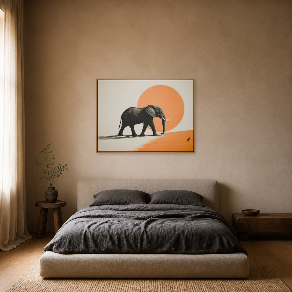 African Elephant and Orange Sun Floating Frame Wall Art - 04_warm_oak_wall_scene