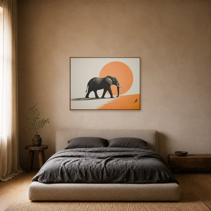 African Elephant and Orange Sun Floating Frame Wall Art - 04_warm_oak_wall_scene