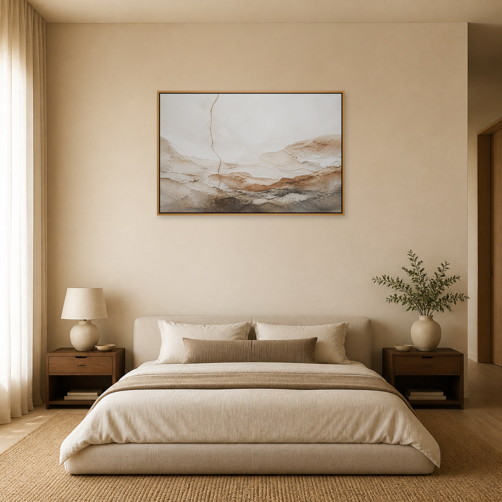 Warm Neutral Mineral Texture Abstract Floating Frame Wall Art - 04_warm_oak_wall_scene