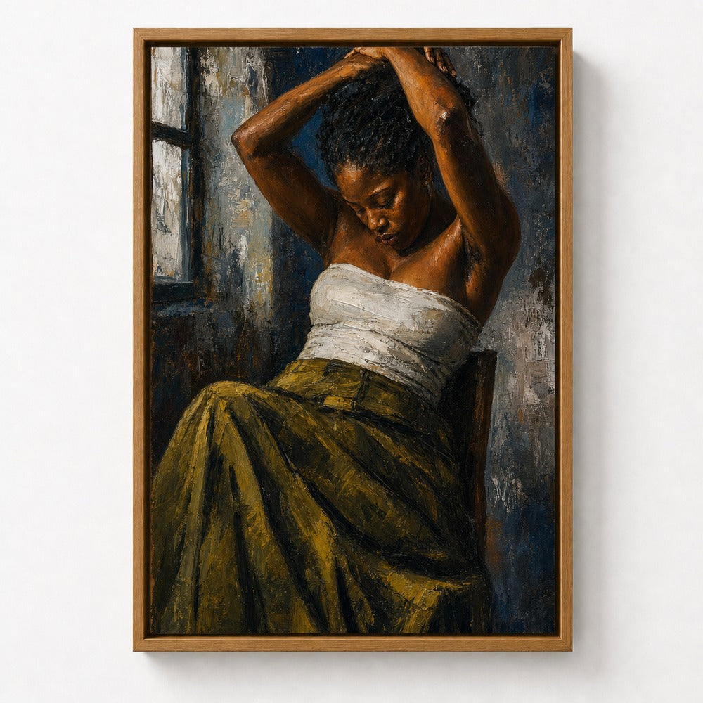 Contemplative Seated Woman Floater Frame Canvas Wall Art — room scene in a brown floater frame