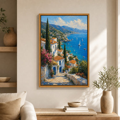 Mediterranean Coastal Village Impasto Wall Art floating frame wall art - 04