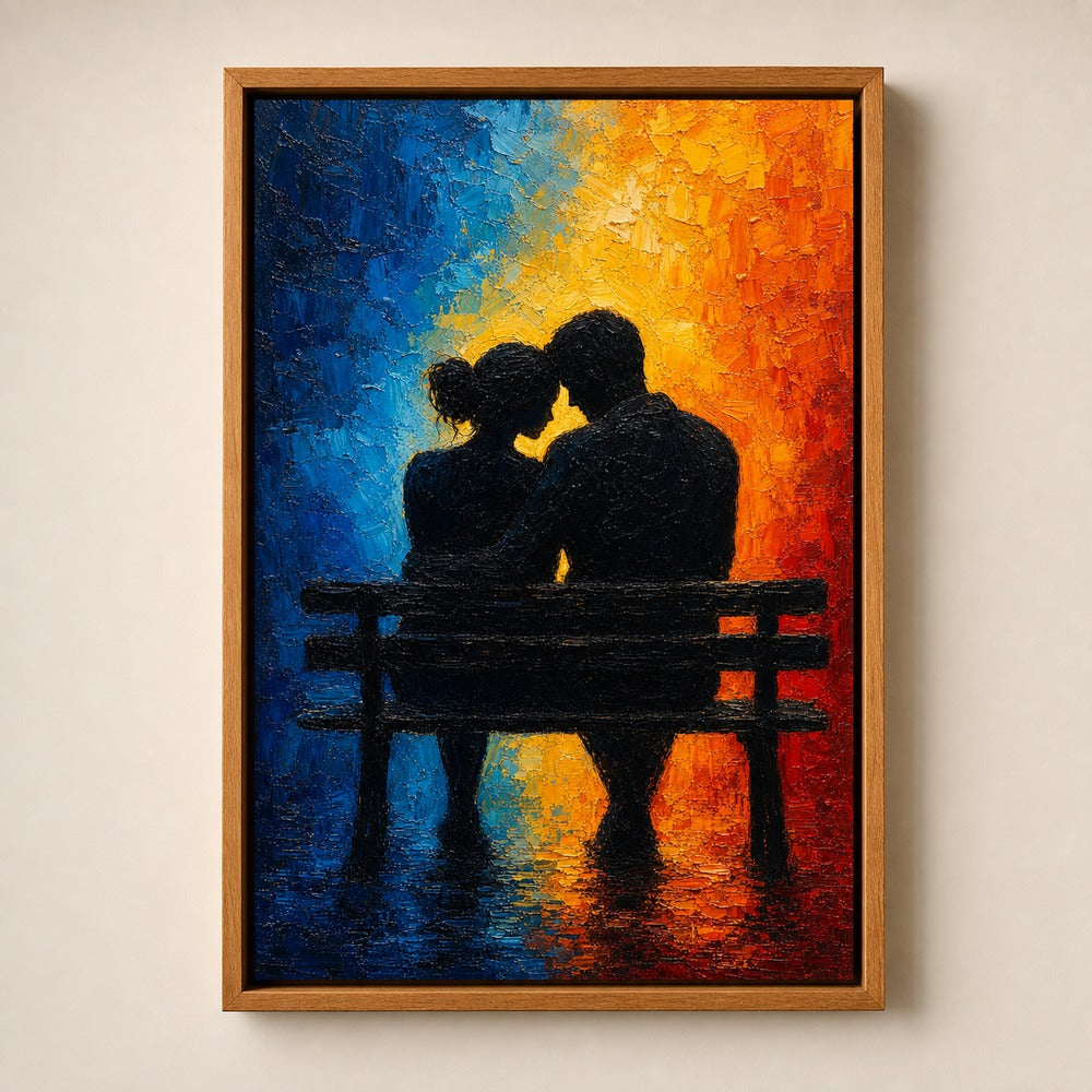 Couple Silhouette Bench Cold Warm Impasto Wall Art floating frame wall art - 04