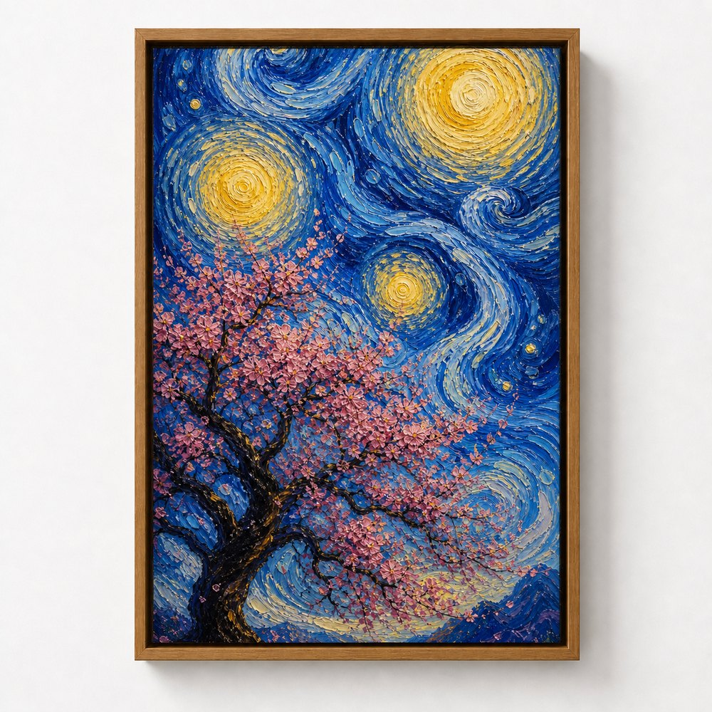 Pink Cherry Blossom Swirling Night Floater Frame Canvas Wall Art — room scene in a brown floater frame
