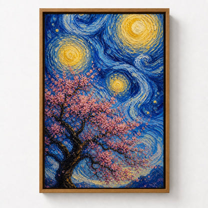 Pink Cherry Blossom Swirling Night Floater Frame Canvas Wall Art — room scene in a brown floater frame
