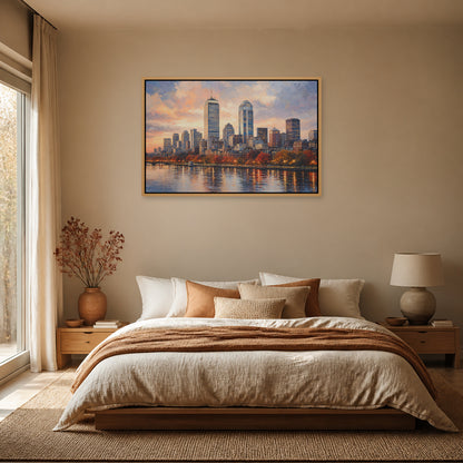 Boston Autumn Sunset Skyline Floating Frame Wall Art - 04_warm_oak_wall_scene
