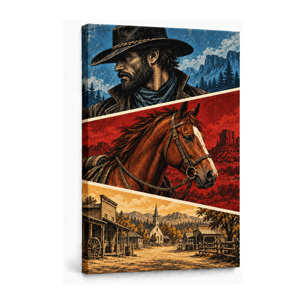 original cowboy horse and frontier buildings three-panel comic stretched canvas print