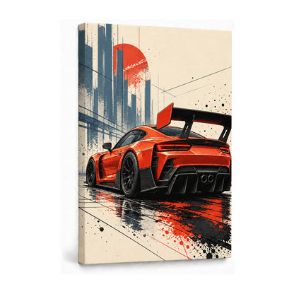 original red-orange track car comic artwork stretched canvas print