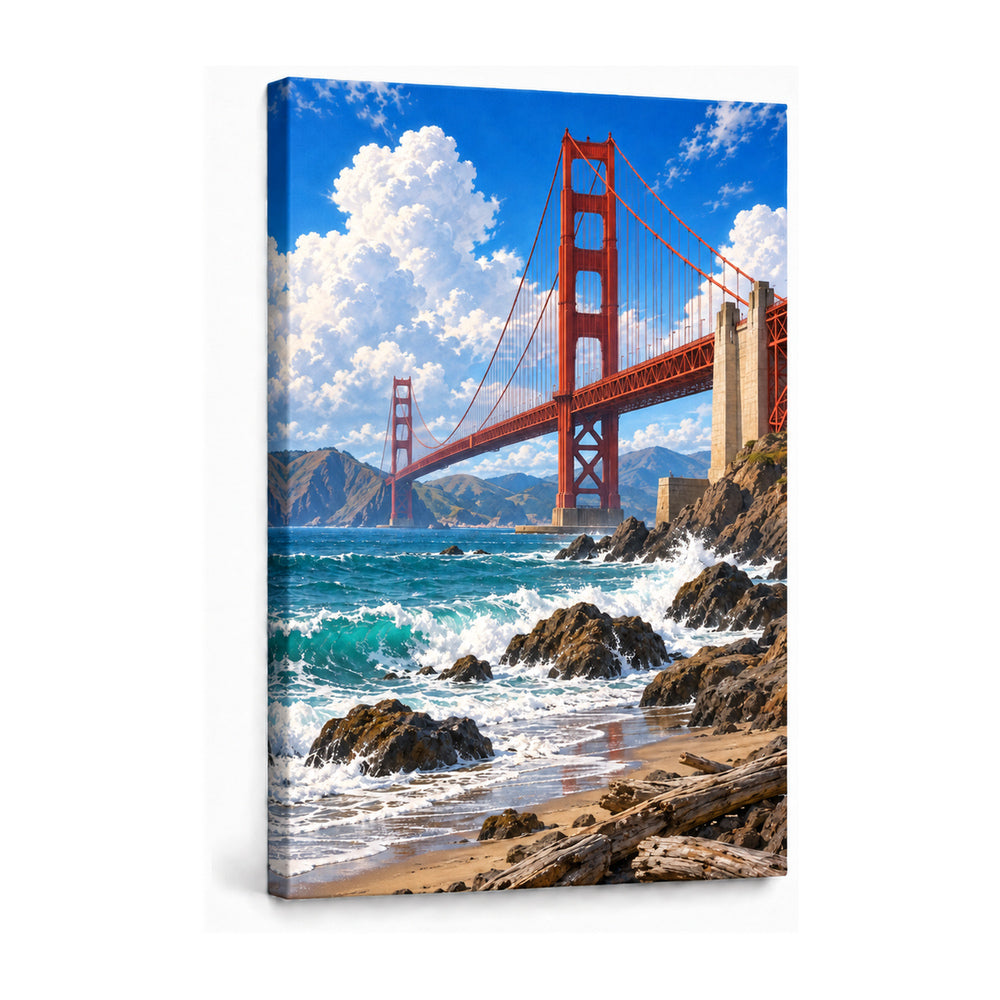 Golden Gate Bridge above rocky coast and breaking waves stretched canvas print