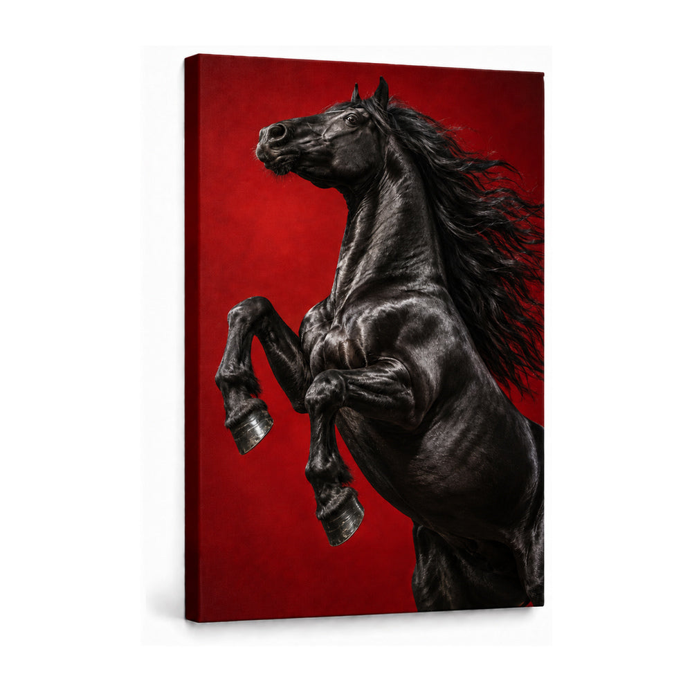black rearing horse against deep red studio backdrop stretched canvas print