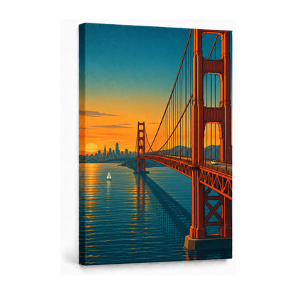 Golden Gate Bridge sunset travel poster from bridge deck stretched canvas print