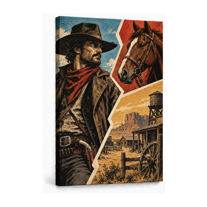 original cowboy horse and frontier buildings zigzag comic stretched canvas print