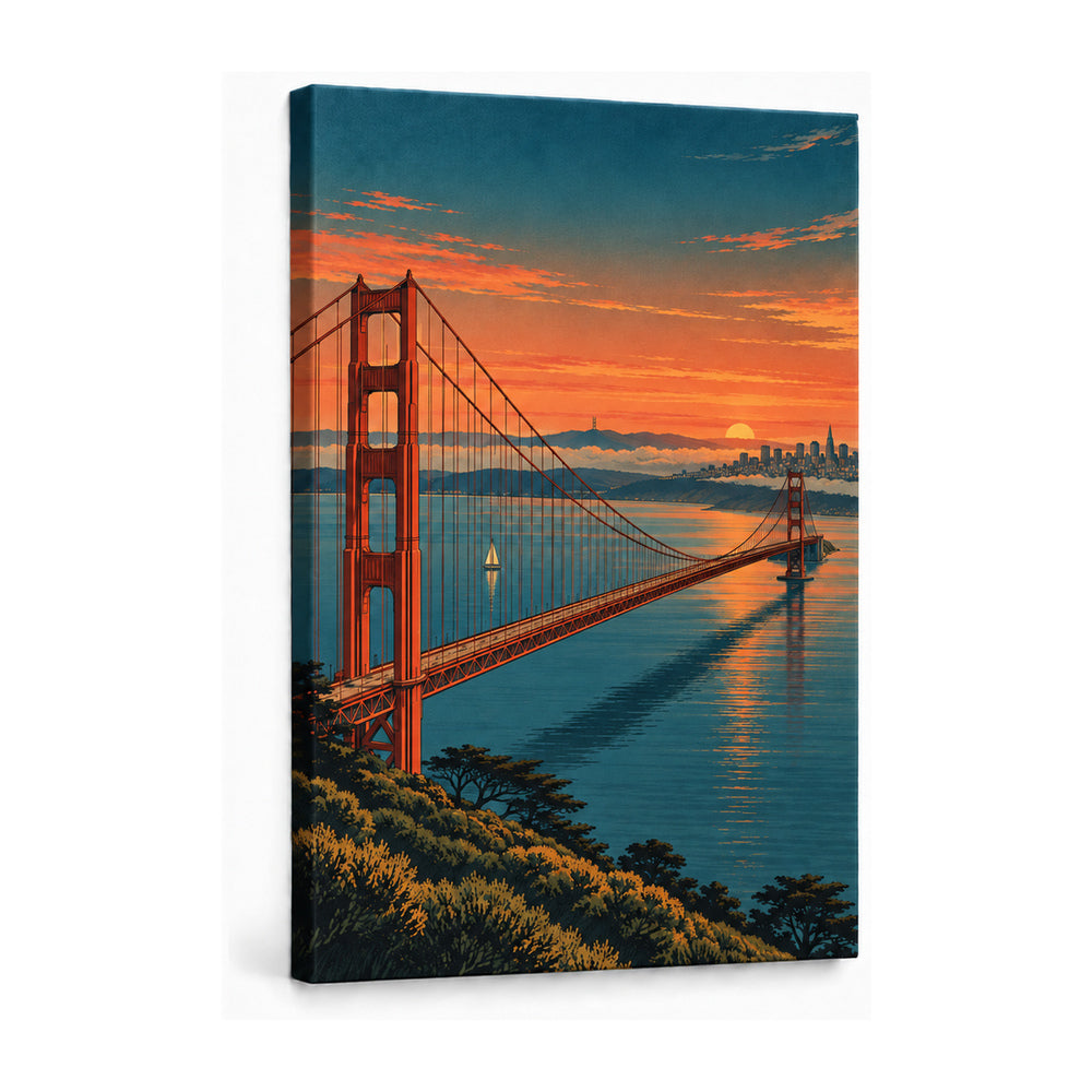 Golden Gate Bridge over bay at dusk from high overlook stretched canvas print