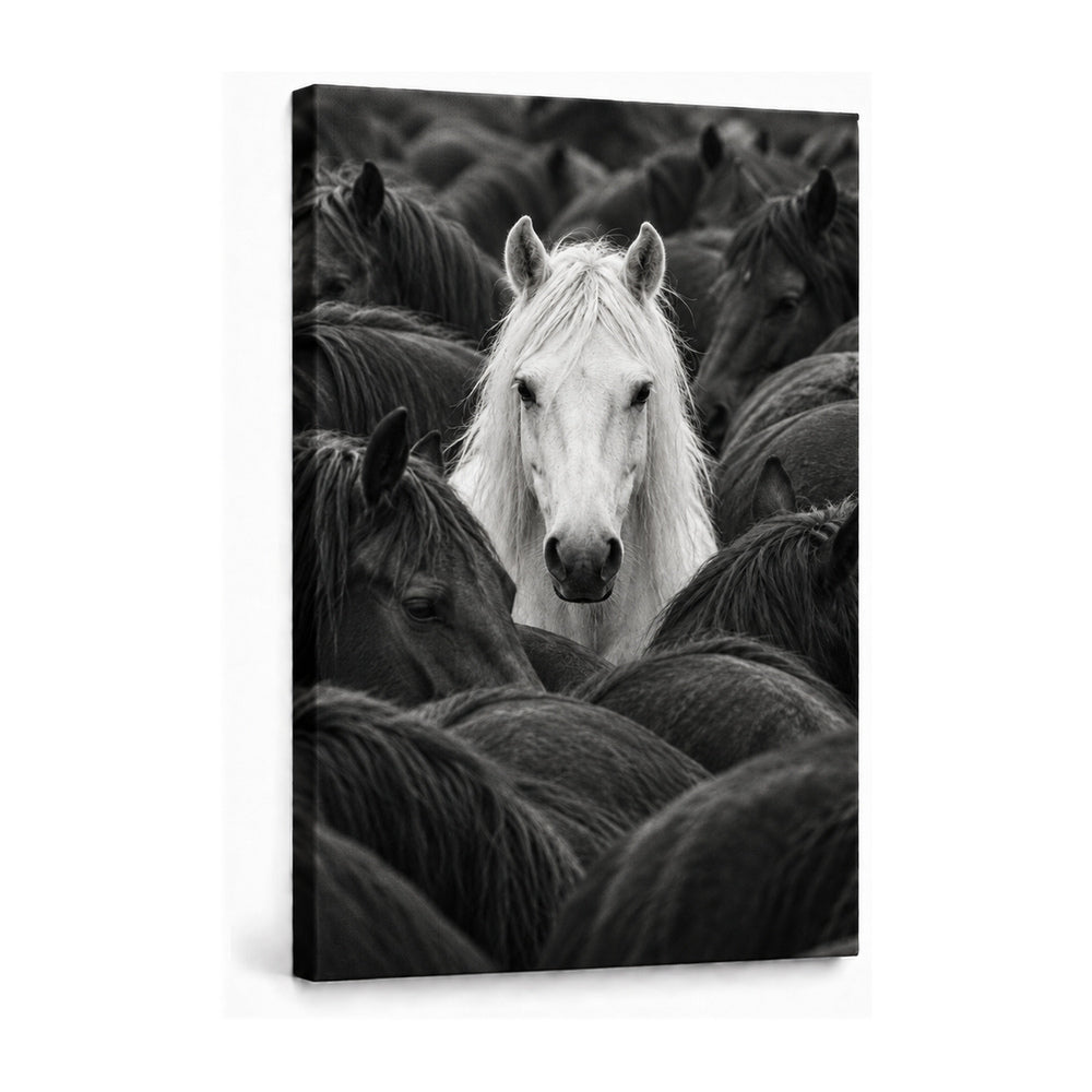 white horse centered in a dark herd black-and-white photograph stretched canvas print