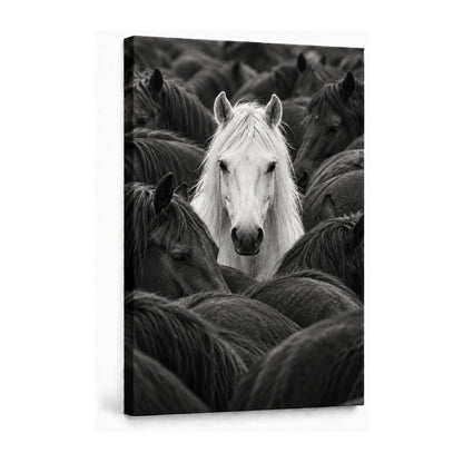 white horse centered in a dark herd black-and-white photograph stretched canvas print