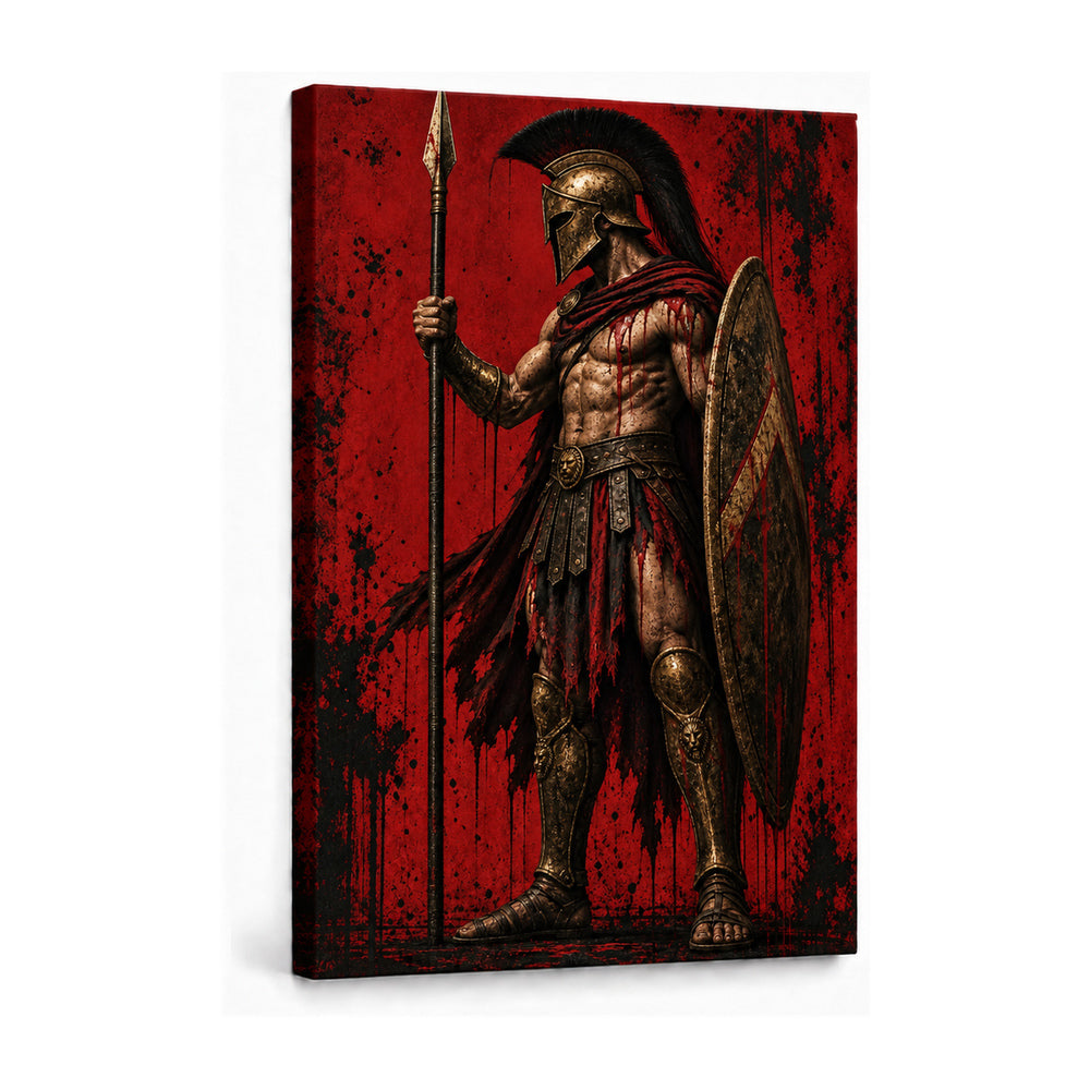 ancient Greek hoplite warrior in crimson grunge composition stretched canvas print