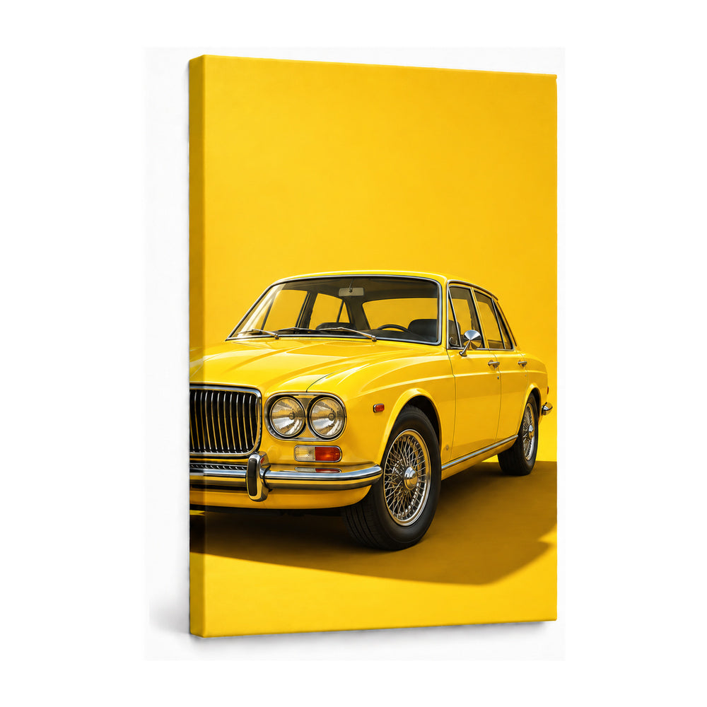 original yellow vintage sedan in clean studio setting stretched canvas print