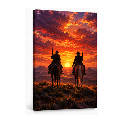 two anonymous cowboys in sunset silhouette stretched canvas print
