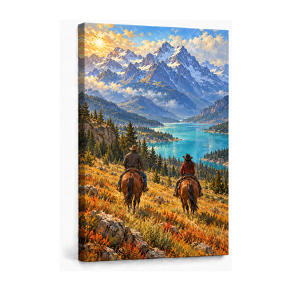 two anonymous Western riders in alpine lake valley stretched canvas print