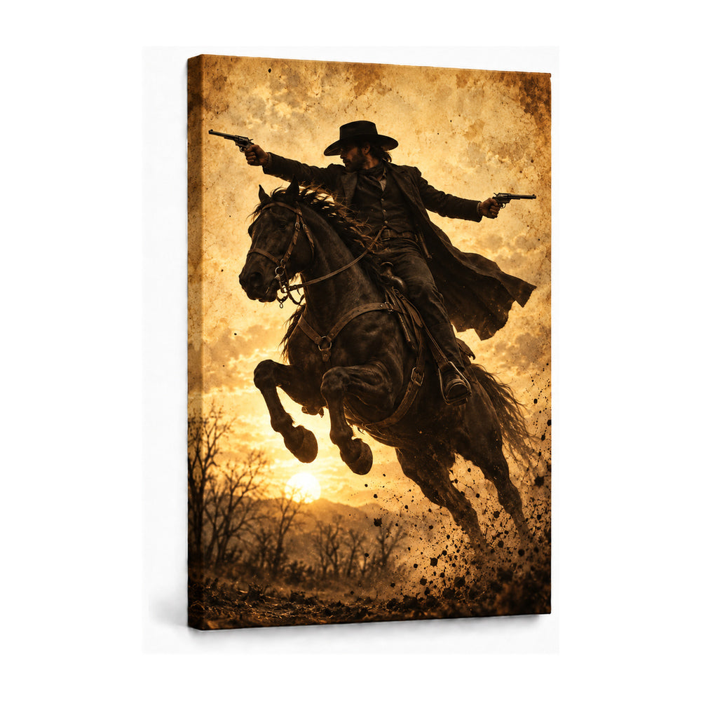 anonymous outlaw cowboy riding horse with twin revolvers stretched canvas print