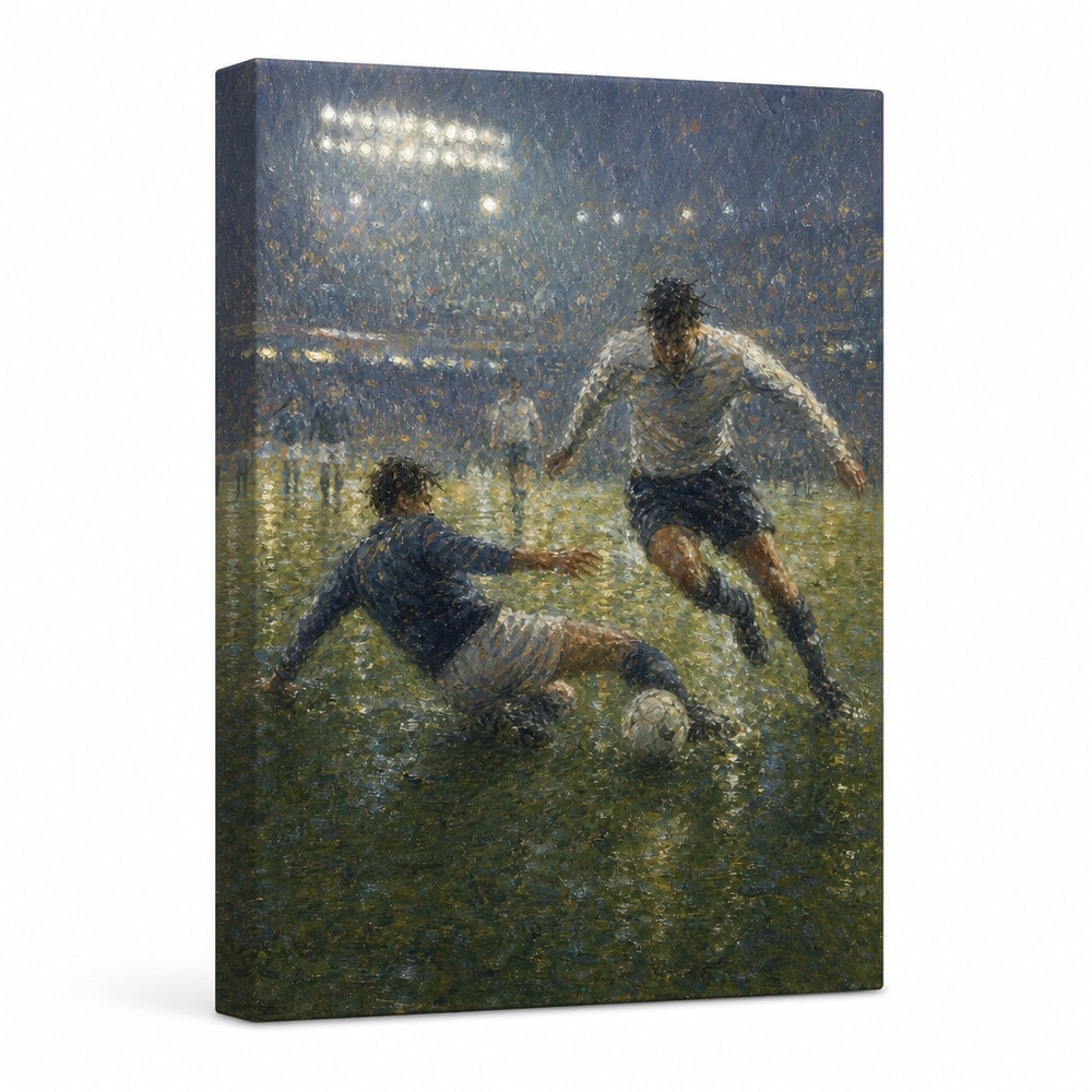 Impressionist Rain Tackle Soccer Canvas Wall Art white background left side wrapped canvas main image