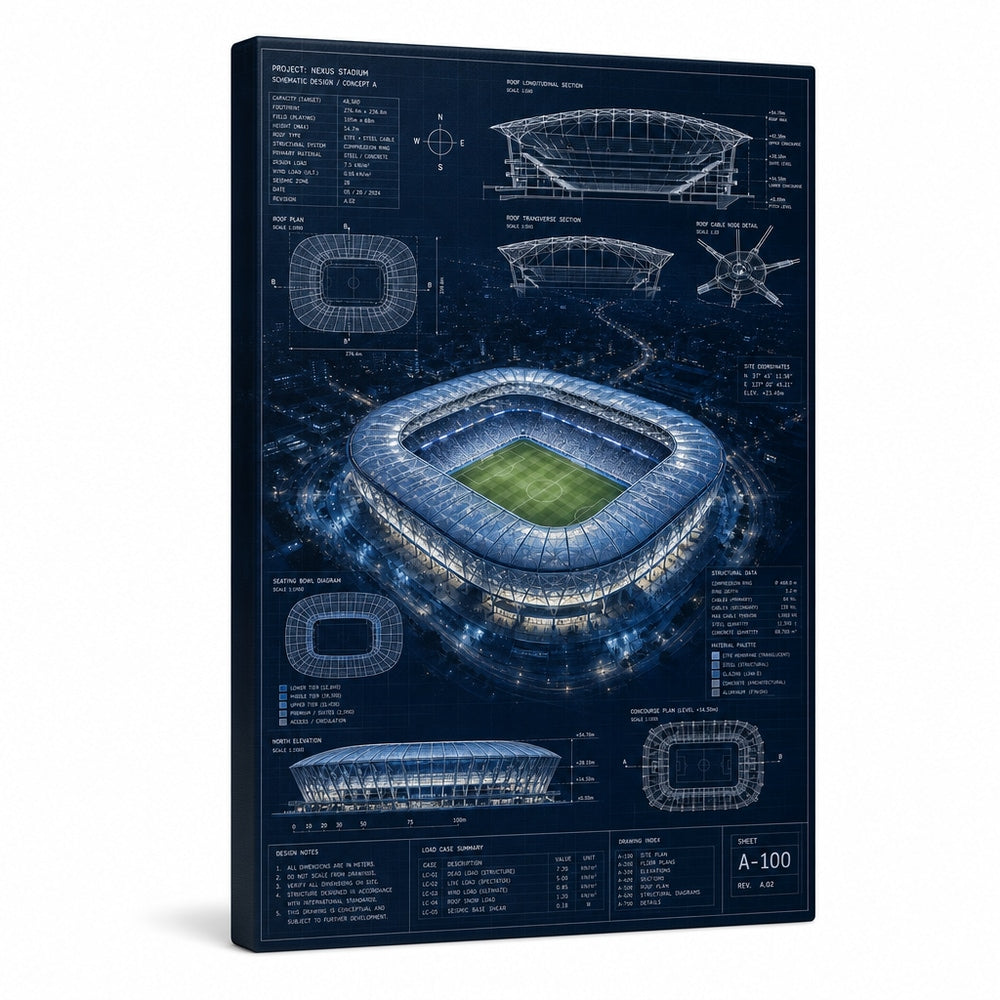 Night Stadium Blueprint Overlay Canvas Wall Art white background left side wrapped canvas main image