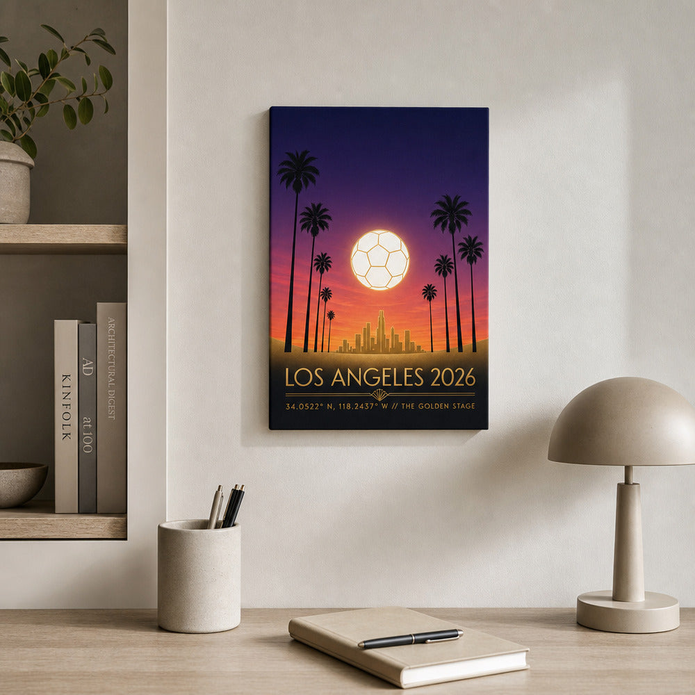 Los Angeles 2026 Golden Stage Soccer Canvas Wall Art 03 12×18 inch thin wrapped canvas wall mockup