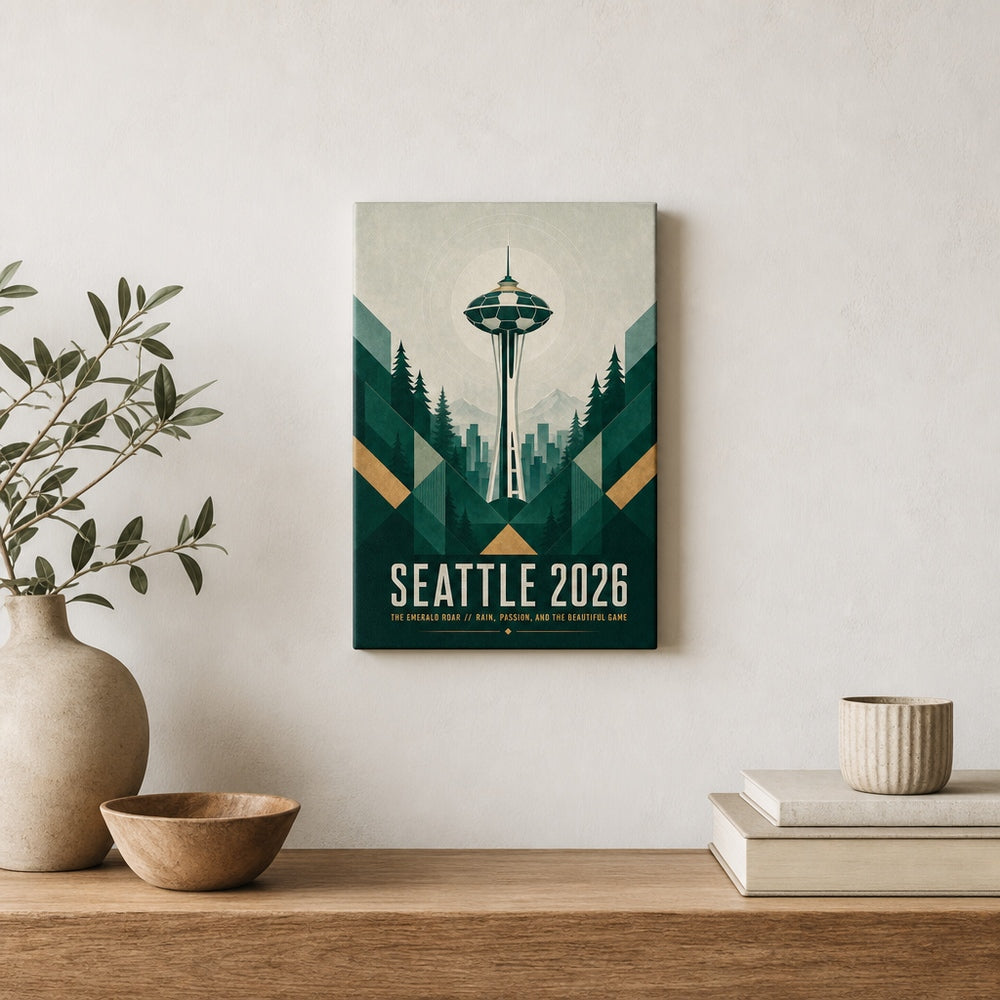 Seattle 2026 Emerald Roar Soccer Canvas Wall Art 01 12×18 inch thin wrapped canvas wall mockup