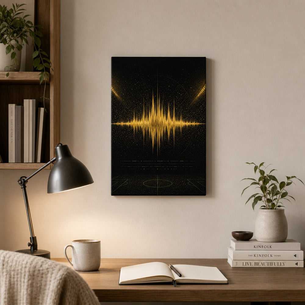 Black Gold Goal Soundwave Soccer Canvas Wall Art 12×18 inch thin wrapped canvas wall mockup
