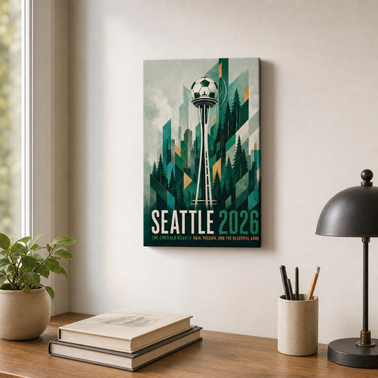 Seattle 2026 Emerald Roar Soccer Canvas Wall Art 03 12×18 inch thin wrapped canvas wall mockup