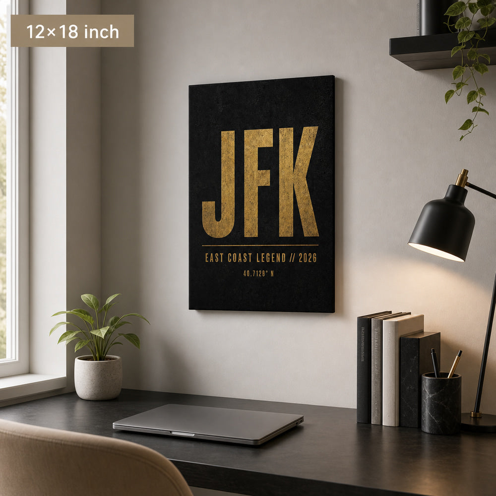 JFK Airport Code Coordinates Canvas Wall Art 02 12×18 inch thin wrapped canvas wall mockup