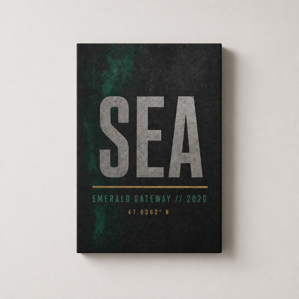 SEA Airport Code Coordinates Canvas Wall Art 04 12×18 inch thin wrapped canvas wall mockup