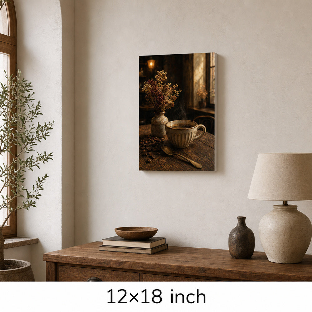 Vintage Coffee Bar Still Life Canvas Wall Art — 12×18 room mockup