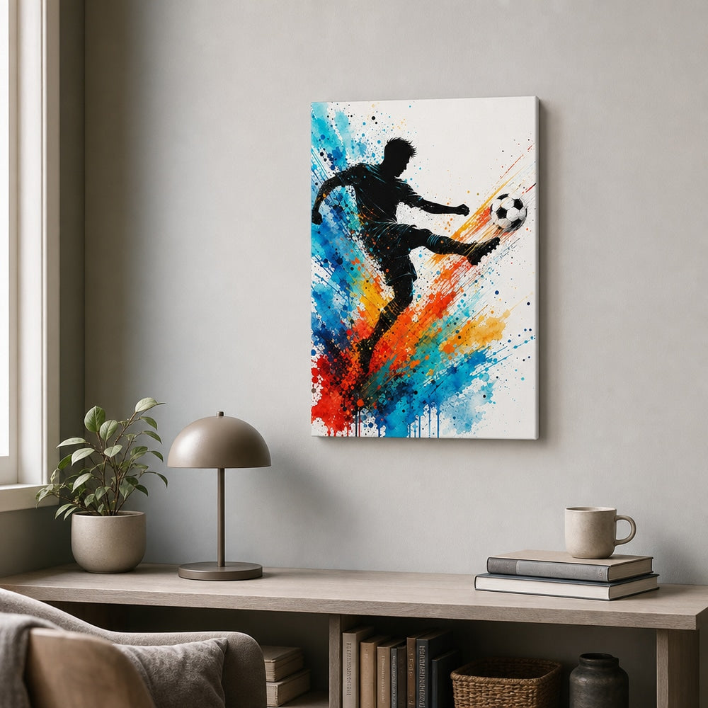 Dynamic Splatter Striker Soccer Canvas Wall Art 02 12×18 inch thin wrapped canvas wall mockup